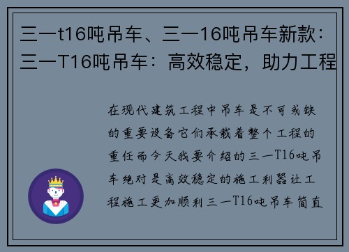 三一t16吨吊车、三一16吨吊车新款：三一T16吨吊车：高效稳定，助力工程施工
